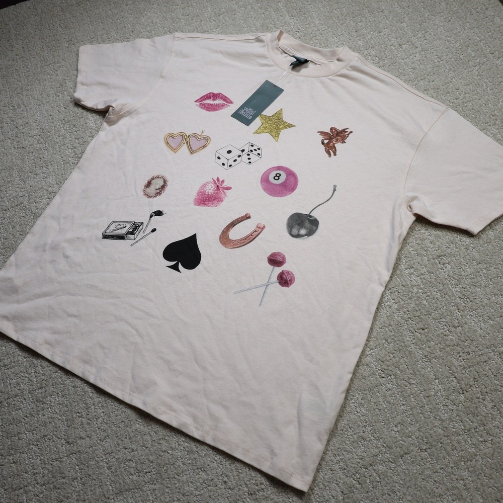 Wild Fable Women Beige Graphic Tee Y2K Icons Star Lips XXS TARS621TJ